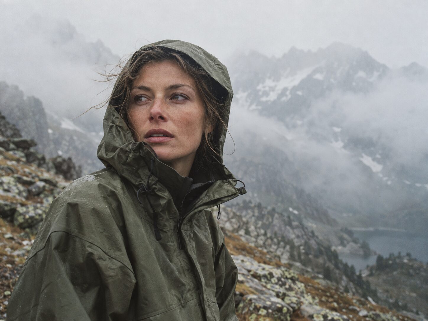 Frau in Outdoorjacke im Bergnebel